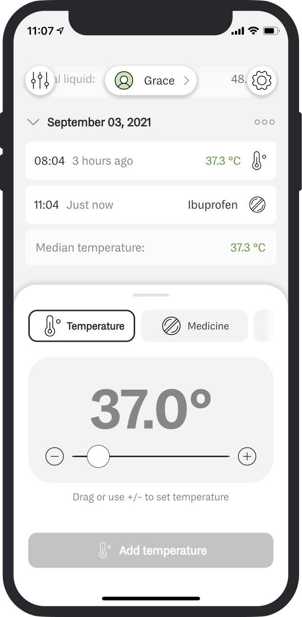 An animation of the body temperature slider moving from left to right changing the temperature to log in the app.